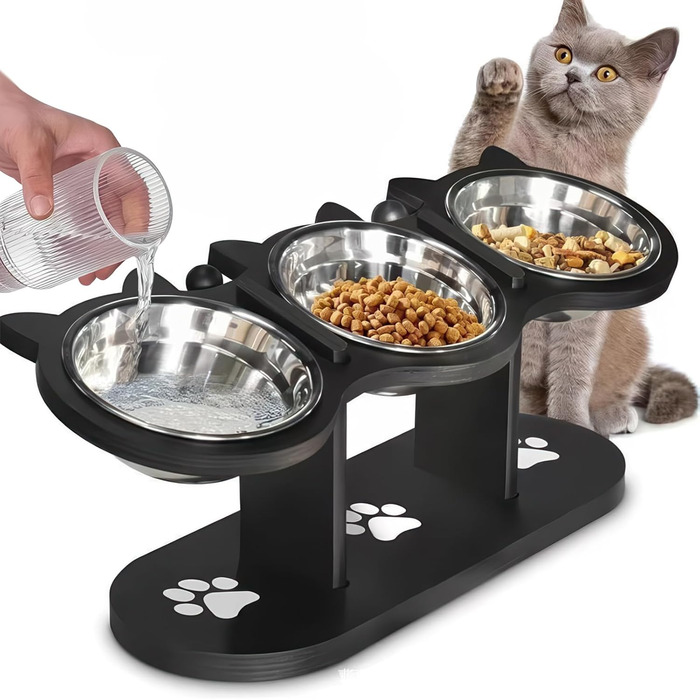 Набір мисок для котів 3 в 1: годівниця, поїлка, підставка. З нержавіючої сталі, з дерев'яною підставкою. Підходить для котів та маленьких собак.