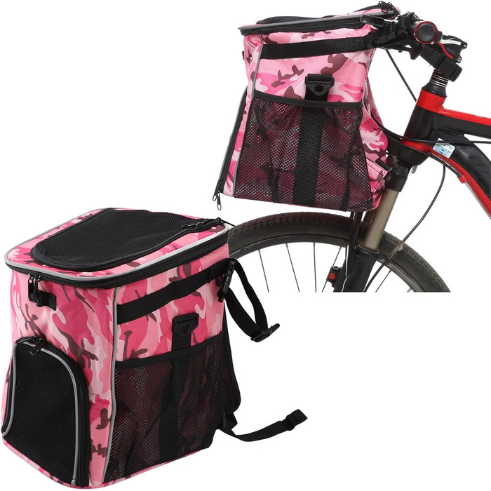 Рюкзак-переноска для собак, рожевий камуфляж, водонепроникний, дихаючий, знімний, велосипедний