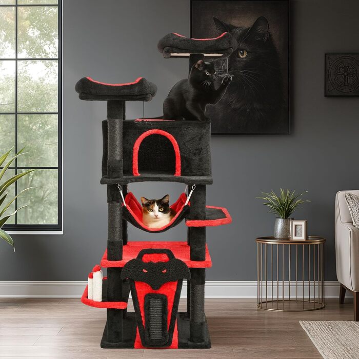 Драматичний котячий комплекс BYBYME в готичному стилі для Хелловін, 158 см, стабільний набір меблів для котів з ліжком, будиночком, гамаком, стовпчиками з сизалю, багатофункціональна котяча ігрова вежа (Чорний/Червоний)