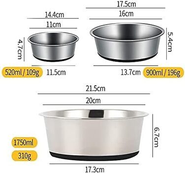 Набори мисок для собак та котів Mery Home з нержавіючої сталі з силіконовим дном, чорні, 2 шт., 14 см (520 мл)