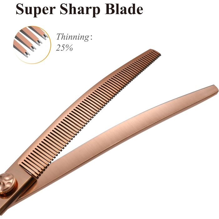 Професійна ножиця для грумінгу собак Fenice Peak, вигнута, 17.8 см, з надгострими лезами з 440C сталі, довговічна, плавне різання для собак та котів (рожеве золото)
