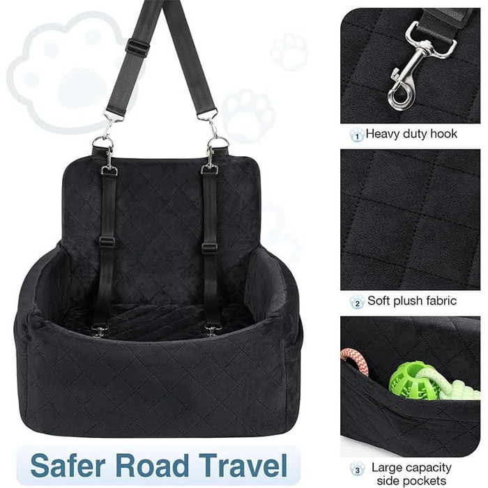 Автокрісло для собак, переноска для тварин 45x40x34 см, чорна, з кишенями та ременем безпеки