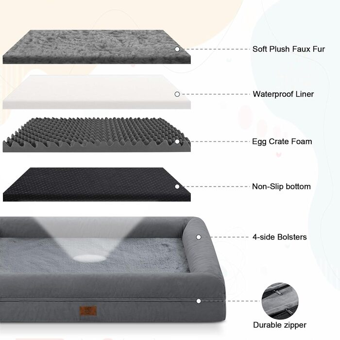 Велике ортопедичне ліжко для собак, темно-сіре, знімний валик для шиї, XL, 135x107x21 см