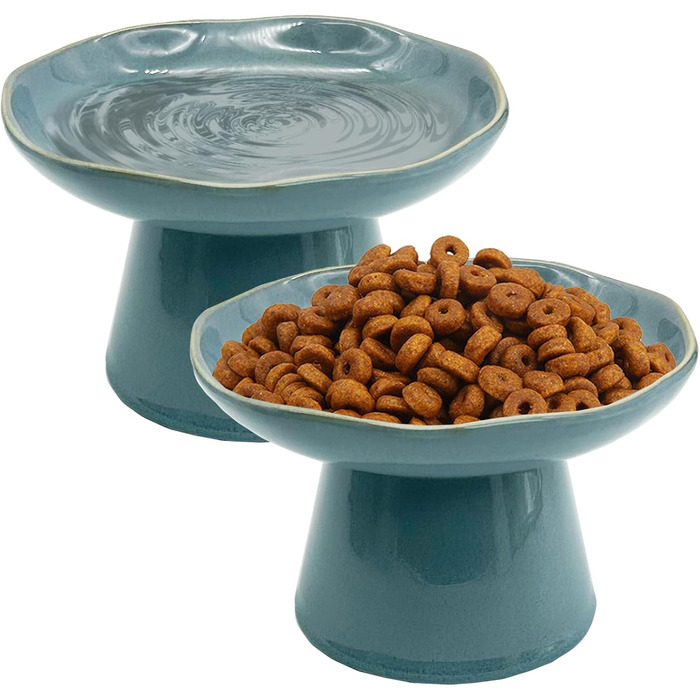 Керамічні миски для котів, 2 шт., 15.5 см, плоскі, анти-вуса, для корму та води, блакитні