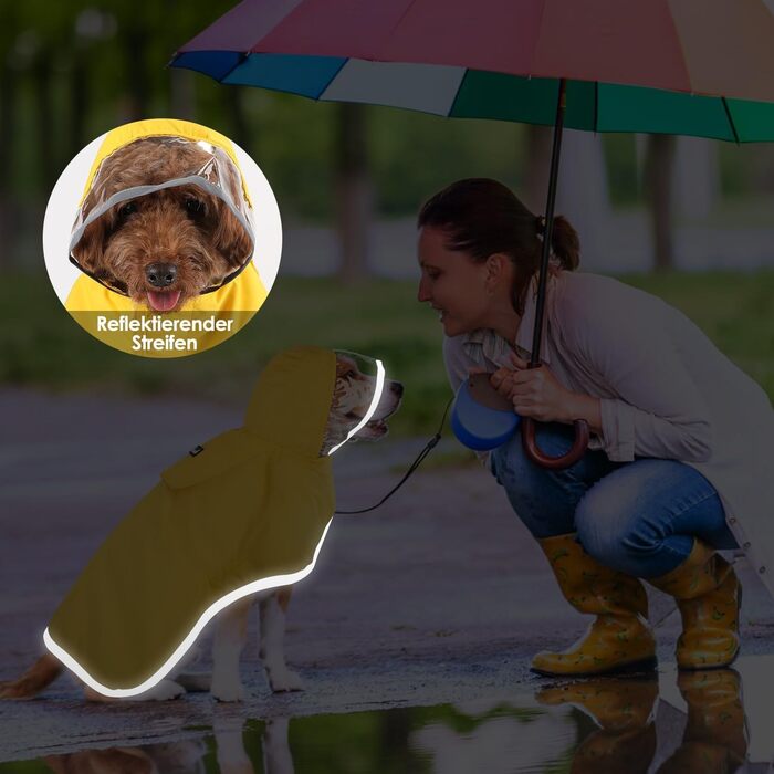 Регенкожух для собак SlowTon: водонепроникний, двошаровий, з капюшоном, світловідбиваючими смугами та кишенею. Підходить для собак маленьких, середніх та великих порід. Колір: жовтий.