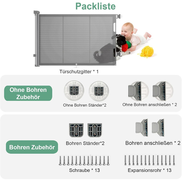 Захист для сходів з замком, висувний захист для дітей та собак, 150 см ширина, 83 см висота, автоматичне блокування (140см, сірий)