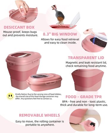 Контейнер для зберігання корму для собак 9-13.6 кг з колесами, повітряно-щільною кришкою, рожевий. Підходить для собак, котів та інших тварин.
