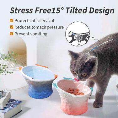 Підвищені годівниці для котів, 2 шт., зручні для вусів, кераміка (блакитний, рожевий)