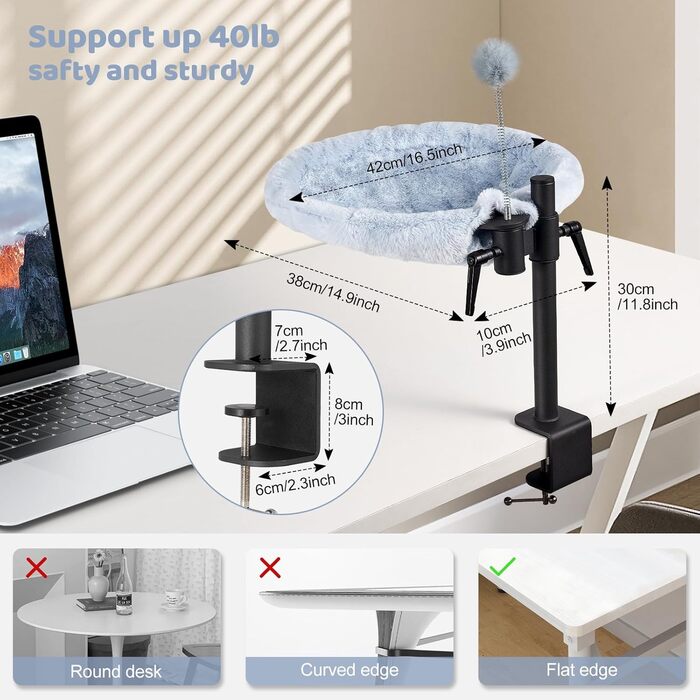 Крісло-гамак для кота Odoland - 360° обертання, регулювання висоти, м'яка лежанка для офісу, 2 знімні чохли, сірий колір