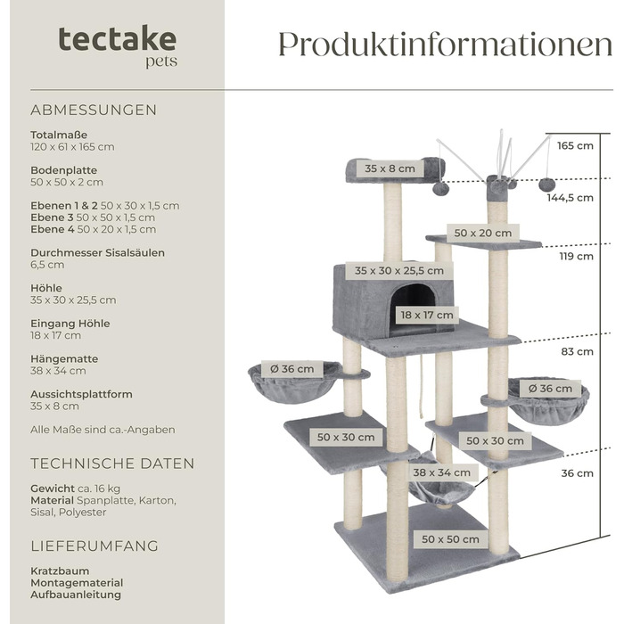 Дерево для котів tectake® XXL, велике, з лежаками, гамаком, будиночком, іграшками, мотузкою, стовпчиком для шліфування, чорний (сірий) - 165 см