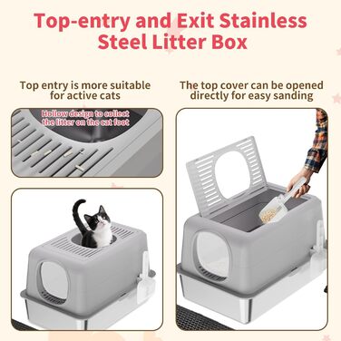 Лотку для котів з нержавіючої сталі з кришкою, великий, для великих котів, з совоком та килимком сірого кольору