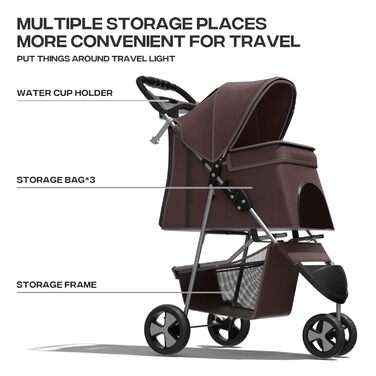 Візок для тварин: для собак та котів, 3 колеса, складна конструкція, з кошиком та тримачем для напоїв