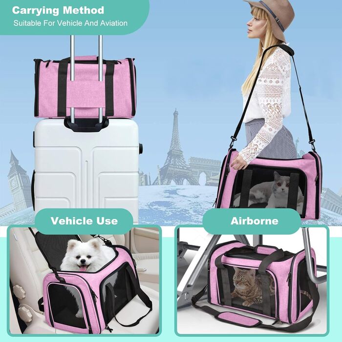 Транспортна сумка для кота/собаки PETCUTE, рожева (L) з м'якою підстилкою та регульованим ременем