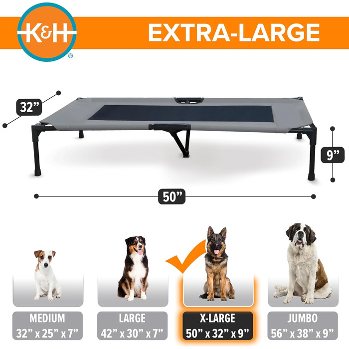 Підвищене собаче ліжко K&H Pet Products для вулиці, дитяче ліжко, гамак для великих собак, сірий/чорний, з металевим каркасом, складна конструкція