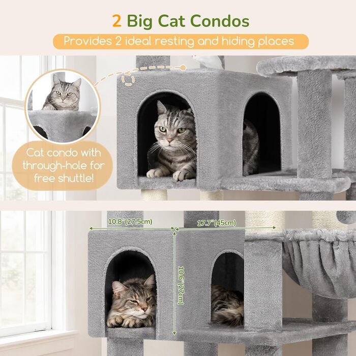 Комплекс для котів Globlazer XXL 209 см з 2 будиночками, великою платформою, 3 кошиками, ситцевими стійками, 8 стовпчиками з сизалю. Стабільний комплекс для котів Globlazer (S82, сірий)