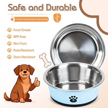 Набори мисок для собак та котів з нержавіючої сталі з силіконовим дном, 2 шт. (блакитні)