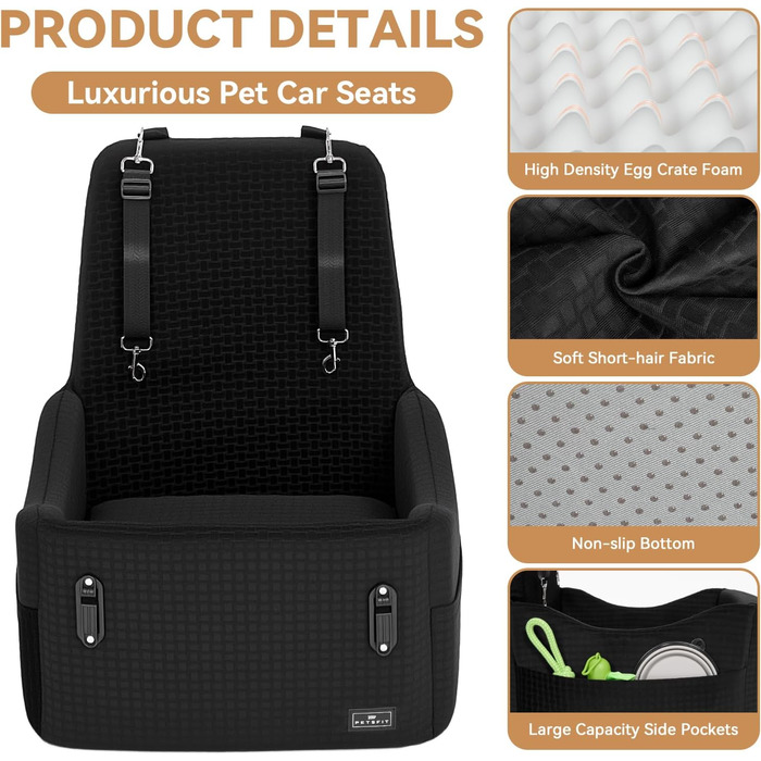 Автокрісло для собак PETSFIT до 15 кг – безпечне, з пам'яттю, 2 відділення, чорний/сірий