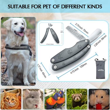 Набір для догляду за нігтями домашніх тварин 3-в-1: тример, пилка, гребінець. Підходить для собак та котів будь-якого розміру. З нержавіючої сталі, професійний, портативний
