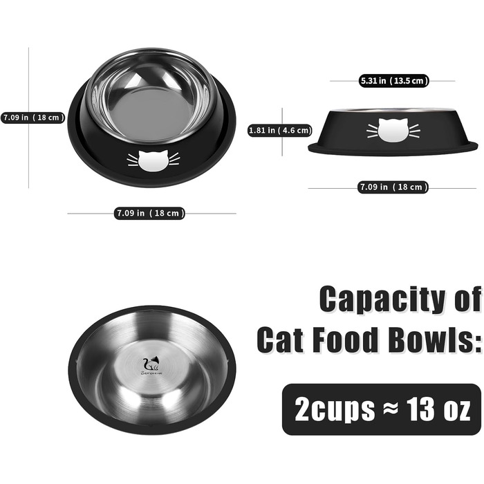 Набори мисок для котячого корму з нержавіючої сталі, 2 шт. - Стійкі, 200 мл, легко миються, чорний/сірий