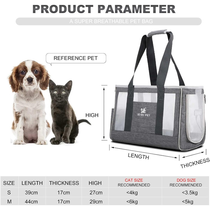 Переноска для собак та котів PETCUTE Hautier з вийманою підстилкою, безпечний поводок, дихаюча переноска для маленьких собак, схвалена авіакомпаніями (M, сірий)