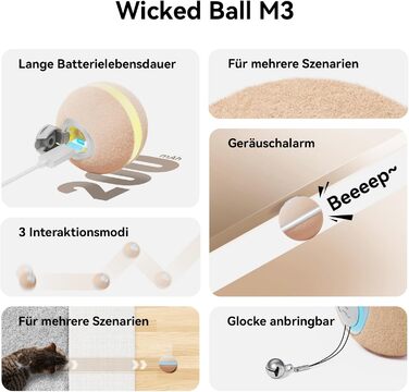 Інтерактивний м'яч для котів Cheerble Wicked Ball M3, заряджається, 3 режими, розумна іграшка з LED-підсвіткою, для домашніх котів і кошенят, бежевий