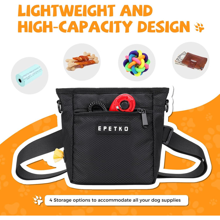 Чорна сумка для ласощів для собак великого об'єму з регульованим ремінцем та міцним магнітним закриттям