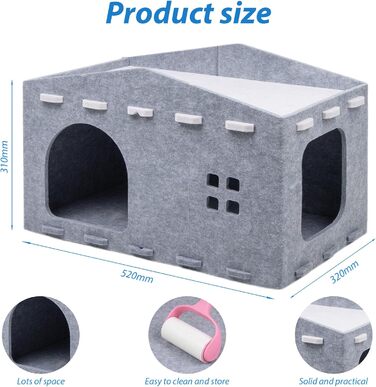 Кішка Будиночок з Фельту, Лежанка для Кішки - Знімний Будиночок, Теплий та Зимостійкий, Захист Кігтів, 52 x 32 x 31 см, Сірий