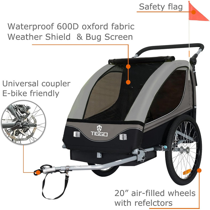 Дитячий причіп Tiggo S2 2-в-1 з підвіскою та поворотним з'єднанням 360° (Сірий)