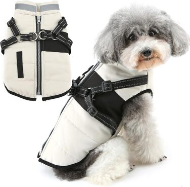 Зунеа Куртка для собак маленьких порід, тепла зимова куртка для цуценят з шлейкою, світловідбиваючі елементи, регульована застібка-блискавка, тепла флісова підкладка, сніговик, розмір XS/S, одяг для домашніх тварин, бежевий колір