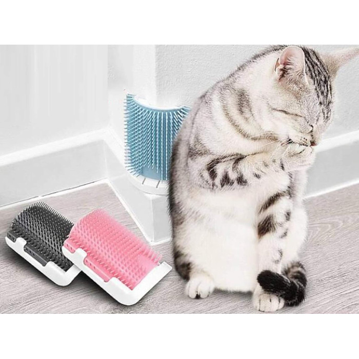 Щітка для котів з самоочищенням, для довгої та короткої шерсті, гребінець та скребок для кутів, безпечна та зручна (блакитна)