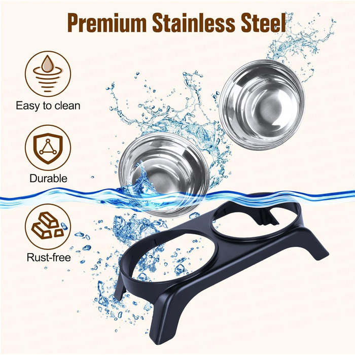 Підвищені миски для котів Befoco, проти блювоти, набір з 2 мисок з нержавіючої сталі, запобігає болю в шиї, миски для котів з ABS-пластику, антиковзний підставник, для котів, чорний колір