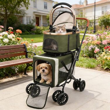 Дитяча коляска для тварин, бугі, складна, для собак та котів, з дихаючого мережива + водонепроникний оксфорд 300D + 4 колеса, переносна сумка для собак, складна до 20 кг (92 x 56 x 33 (зелений, 97*58*46))
