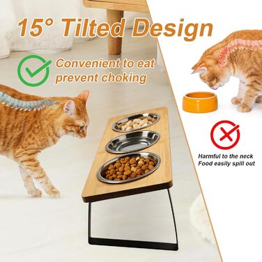 Підвищена годівниця для котів з 3 мисками з нержавіючої сталі, 15° нахил, набір мисок для котів, годівниця для котів та невеликих собак