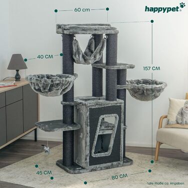 Дряпка для котів HAPPYPET Pepper 157 см, преміум XXL, для великих котів, з натуральним сизалем, будиночком та лежанками, сірий