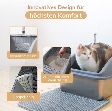 LINUMA® Туалет для котів з нержавіючої сталі з кришкою, антибактеріальний, зі шторівкою, килимок, двошарова металева лопатка, легко мити