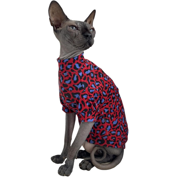 Футболка для собак Sphynx, бавовна, без хутра, круглий комір, леопардовий принт, розмір L (3,5–4,5 кг), синьо-червоний леопардовий принт