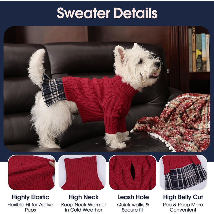 Теплий зимовий пуловер для собак великих порід IECOii з діркою для повідка, червоний, XXXL (80 см)