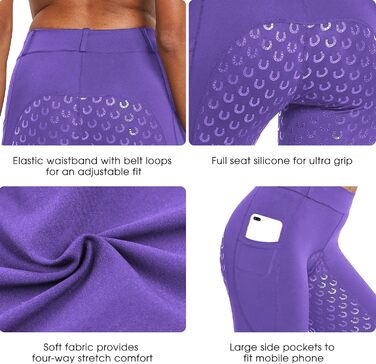 Легінси для їзди верхи FitsT4 Daen з повним силіконовим покриттям, кишенею для телефону та шлевками для ременя (M, світло-фіолетовий)