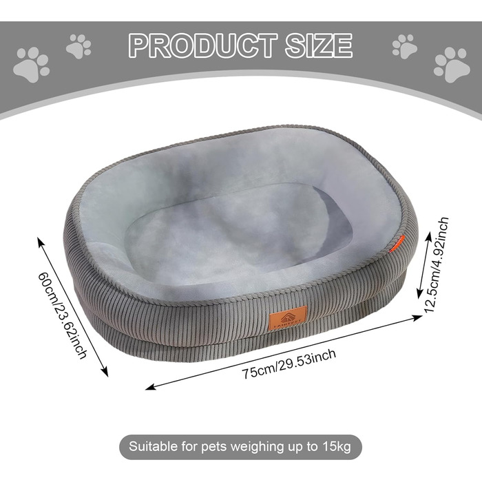 Ортопедичне ліжко для собак, 75x60x12.5 см. М'яке ліжко для середніх собак та котів, знімний та пральний килимок, антиковзаюча підкладка, кошик для собак з кордом та флісом, темно-сірий колір