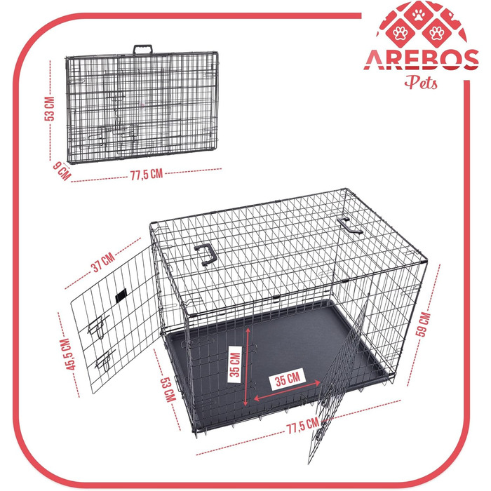 Клітка для собак Arebos 77,5 x 53 x 59 см | Автомобільна переноска для собак, складана | Клітка-переноска для собак, чорна | Для дому