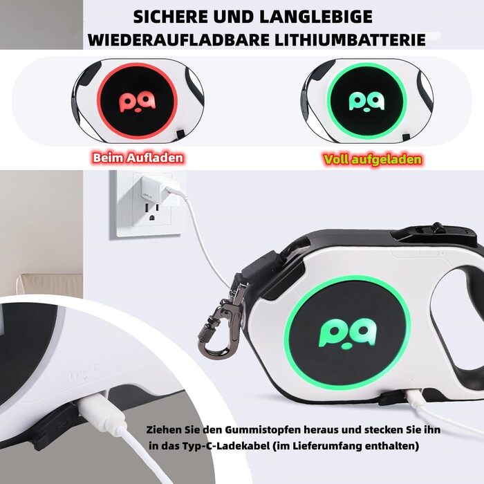 Розтягувана собача поводок з LED-підсвіткою, гальмом та системою швидкого розблокування, 5м, нейлон, до 40кг