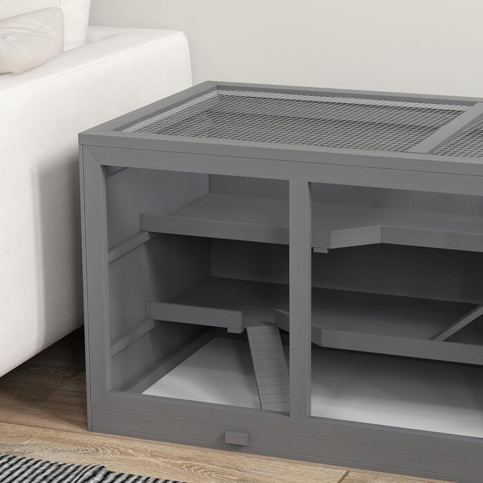 Клітка для гризунів PawHut, з рампою та вигнутою гіркою, відкидна верхня частина, знімний піддон, дерево сосна та PS пластик, 115 x 60 x 55 см (Сірий)