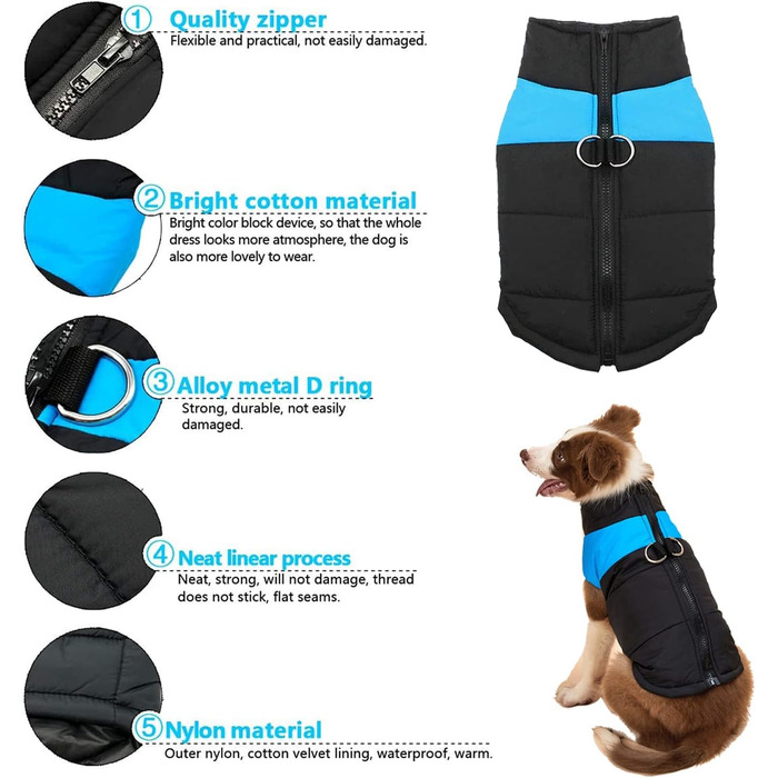 WELLXUNK Куртка для собак, тепла, водонепроникна, для маленьких та великих собак (3XL, блакитна, 83 см)