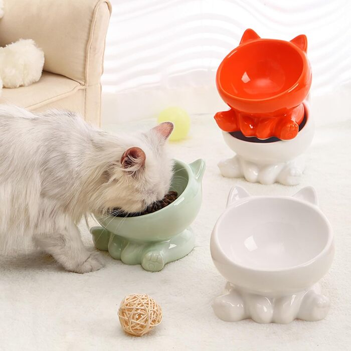 Миска для кота з кераміки, піднята, протиковзна, 15° нахил, для корму та води, підходить для котів та кошенят (біла)