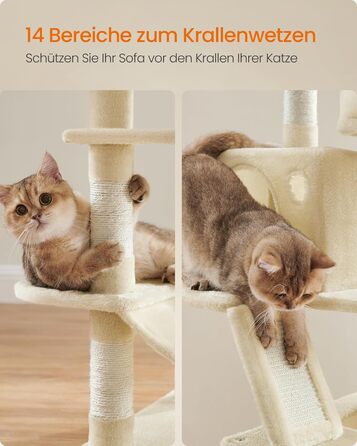 Комплекс для котів Feandrea Kratzbaum PCT165W01, 168 см, бежевий: 13 стовпчиків, 2 платформи, 2 печери, гамак, кошик, м'ячики