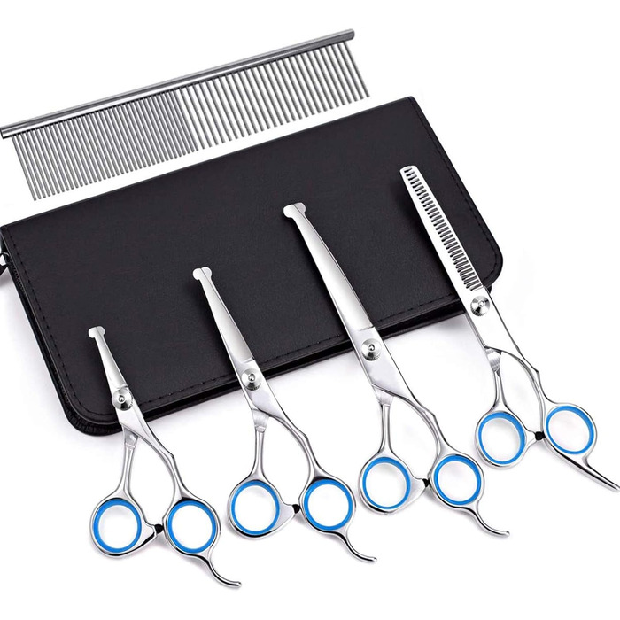 Набір професійних ножиць для собак з безпечними округлими кінчиками, нержавіюча сталь. Ножиці для грумінгу та догляду за шерстю собак та котів. Синій колір.