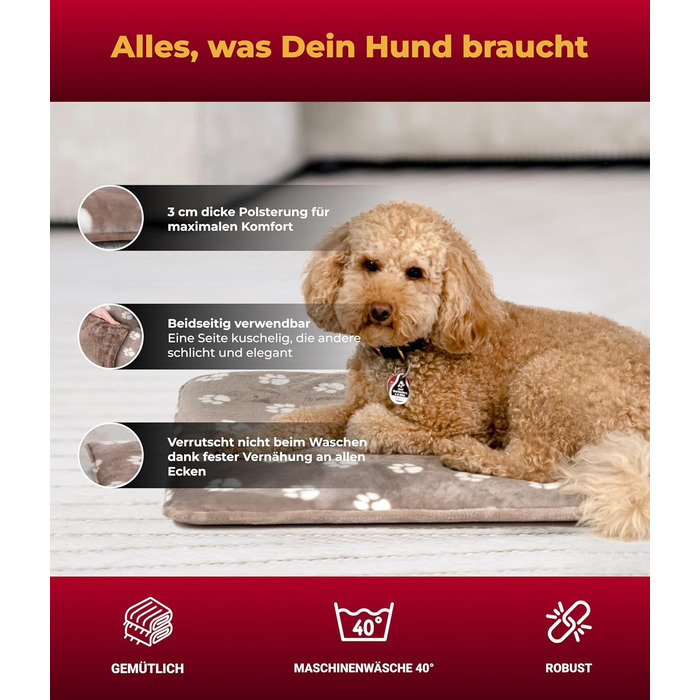 Лежак для собак HS-Hundebett® M 65x95 см, двосторонній, м'який, 3 см наповнювач, для дивану, авто та клітки, лапка, бежевий, вироблено в Німеччині