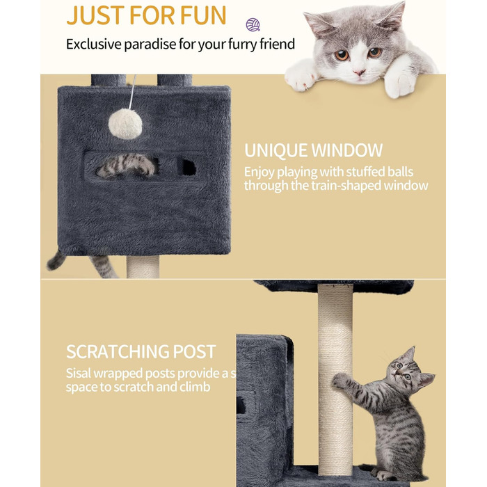 Дерево для котів Hzuaneri, 98 см, зі стійкою конструкцією, великою лежанкою, котячою печерою, сизалевими стовпчиками, кошиком та іграшками, сірий колір MS10018SG