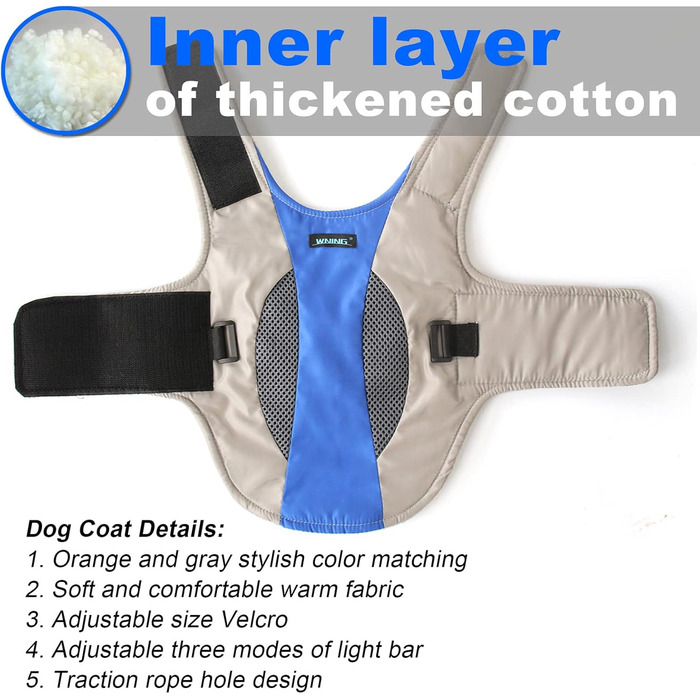 Підкладкова регульована куртка для собак, обігріваюча жилетка для собак з LED-підсвічуванням, зручна та вітронепроникна куртка для маленьких та середніх собак (XL, Синій та Сірий) XL Синій та Сірий