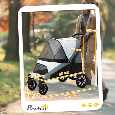 PawHut Коляска для собак Dog Buggy складна для великих собак і кішок до 30 кг Баггі для кішок з подушками Сітчасті вікна Двері Сумка для зберігання Котяча коляска з страхувальними тросами, гальмами, баггі Сірий | Аосом
